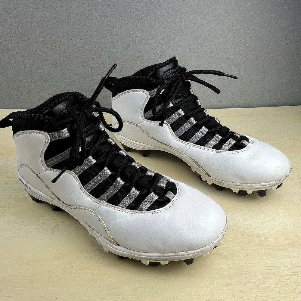 Jordan 10 Retro TD Football Cleats White Black Silver CQ2073-100 Mens 10